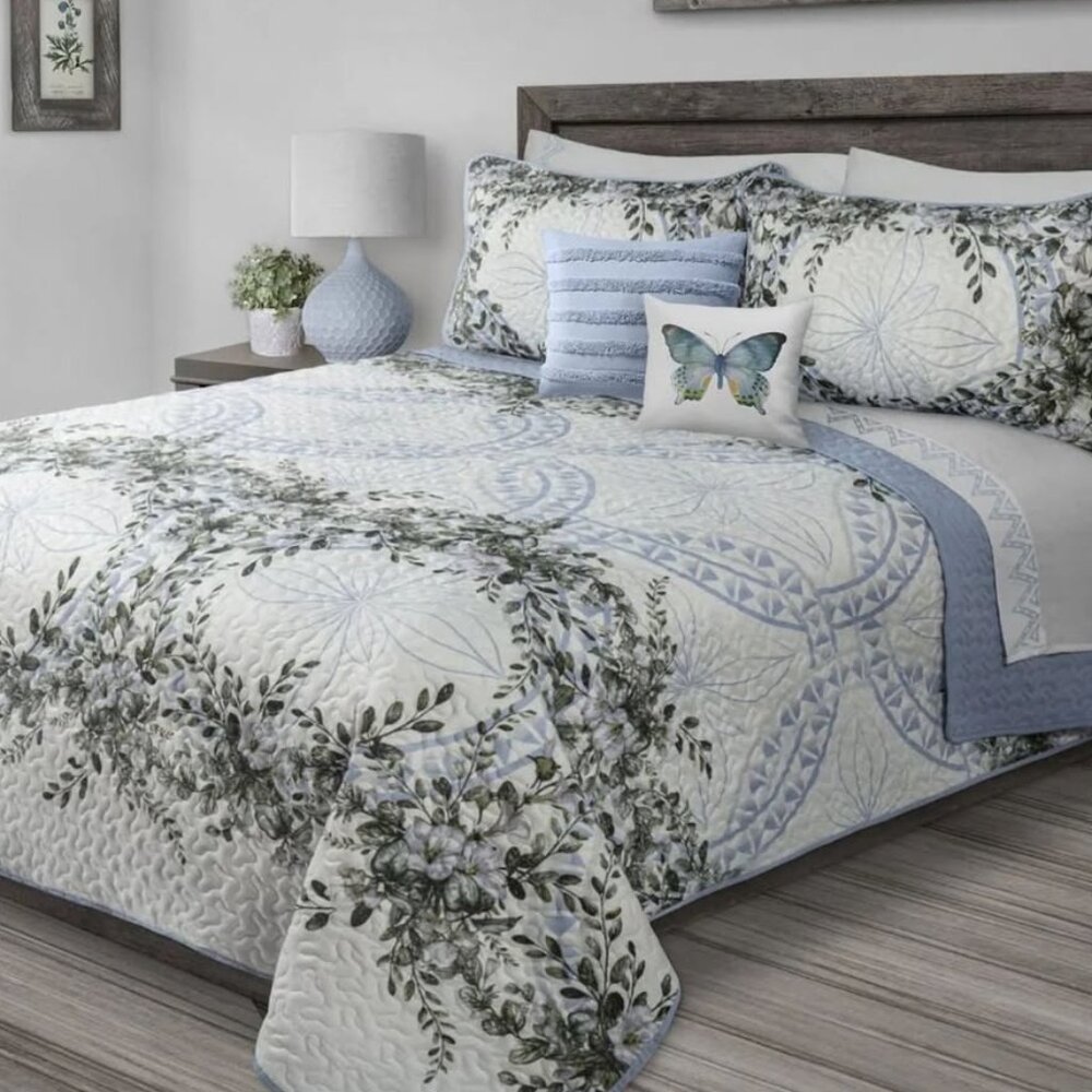 New Oasis Blue DoubleQueen (DQ) Size 3 PC Beautiful Floral Quilt Set